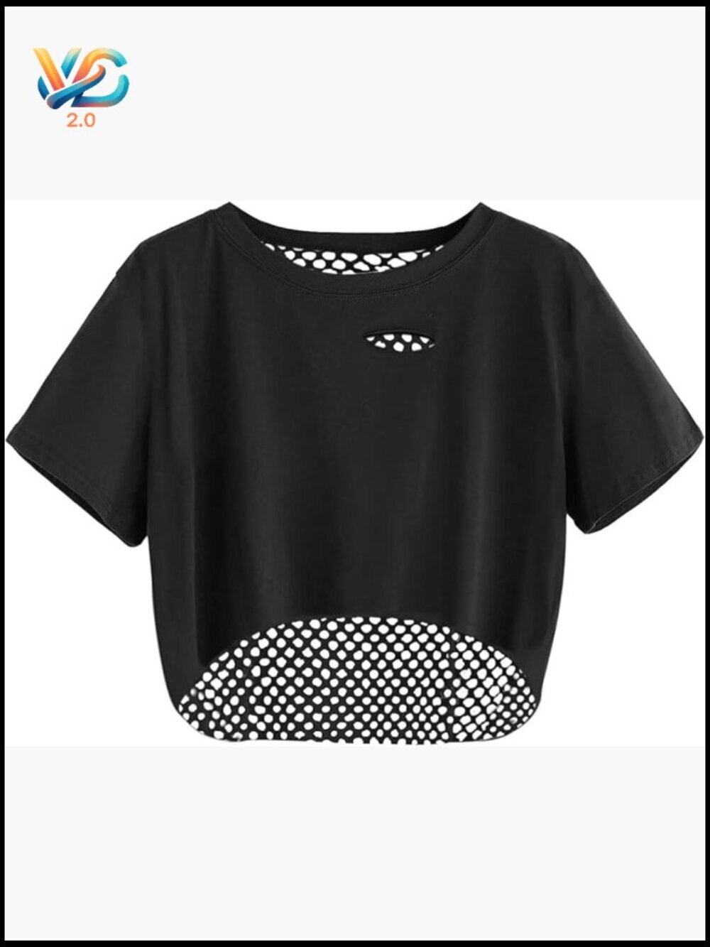 Fishnet Crop Top Short Sleeve High Low Hem Cut Out Shirt Y2K Club Rave